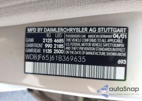 2001 Mercedes-Benz E 320 из США, поврежденный, VIN WDBJF65J61B369635